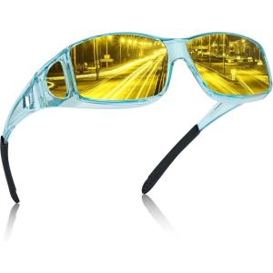 CARFIA Night Driving Glasses for Men Women, Fit Over Night Vision Glasses, Anti Glare Yellow Lens(3. Transparent Blue Frame Yellow Lens)