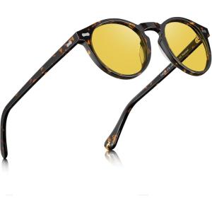 CARFIA Retro Night Vision Glasses for Men – Acetate Round Night Driving Glasses, Reduce Headlight Glare & Enhance Clarity(1 – Tortoise Frame Yellow Lens(night Vision))