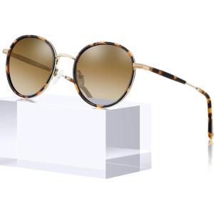 CARFIA Retro Small Round Polarized Womens Sunglasses UV Protection, Trendy Vintage Stylish Designer Sunglasses CA1949(A: Metal & Tortoise Frame + Brown Lens)