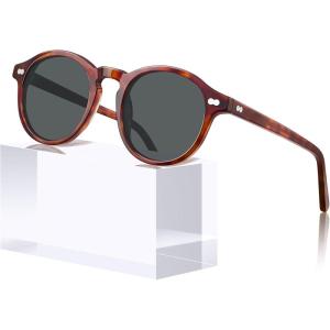 CARFIA Round Acetate Polarized Sunglasses for Women Fashion Retro Sun Glasses CA5266(2. Coffee Tortoise Frame Gray Lenses)