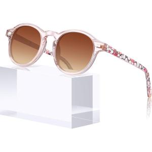 CARFIA Round Acetate Polarized Sunglasses for Women Fashion Retro Sun Glasses CA5266(5. Crystal Pink Frame Brown Gradient Lenses)