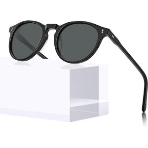 CARFIA Round Polarized Sunglasses for Women UV Protection Acetate Frame Classic Retro Style CA2302(5. Black Frame Grey Lens)