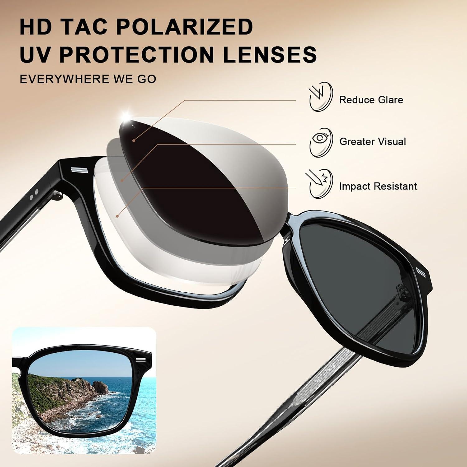 imageCARFIA Retro Mens Sunglasses Womens Polarized Classic Acetate Square UV400 Protection Driving GlassesA1 Black Frame Grey Lens