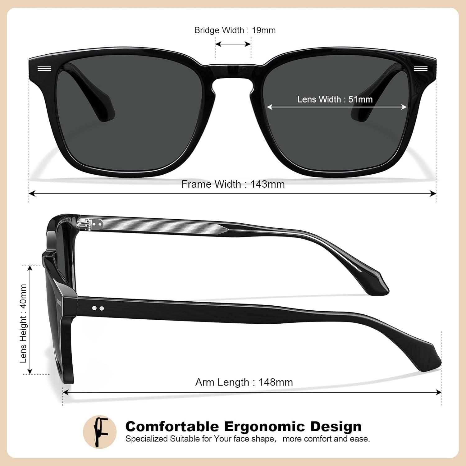 imageCARFIA Retro Mens Sunglasses Womens Polarized Classic Acetate Square UV400 Protection Driving GlassesA1 Black Frame Grey Lens