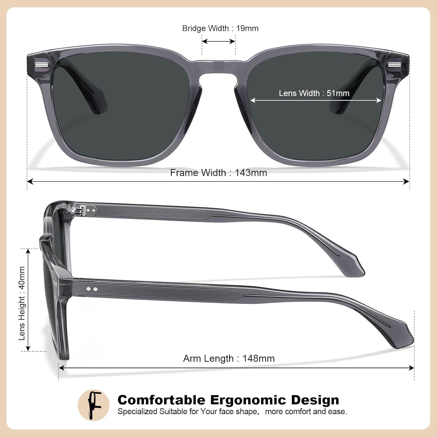 imageCARFIA Retro Mens Sunglasses Womens Polarized Classic Acetate Square UV400 Protection Driving GlassesA3transparent Grey Frame Grey Lens