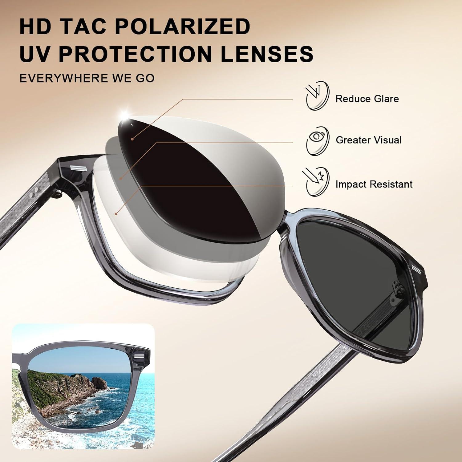 imageCARFIA Retro Mens Sunglasses Womens Polarized Classic Acetate Square UV400 Protection Driving GlassesA3transparent Grey Frame Grey Lens