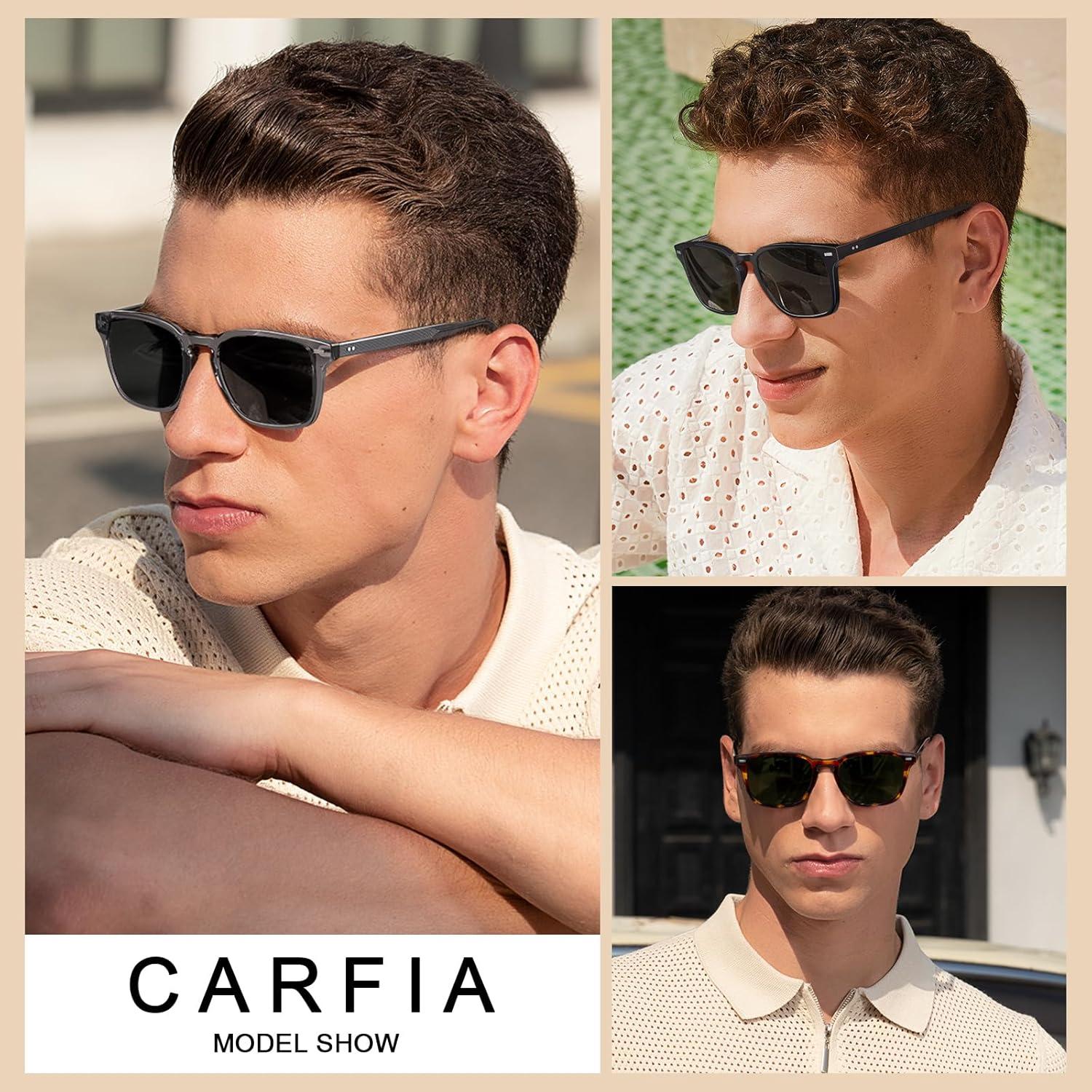 imageCARFIA Retro Mens Sunglasses Womens Polarized Classic Acetate Square UV400 Protection Driving GlassesA3transparent Grey Frame Grey Lens