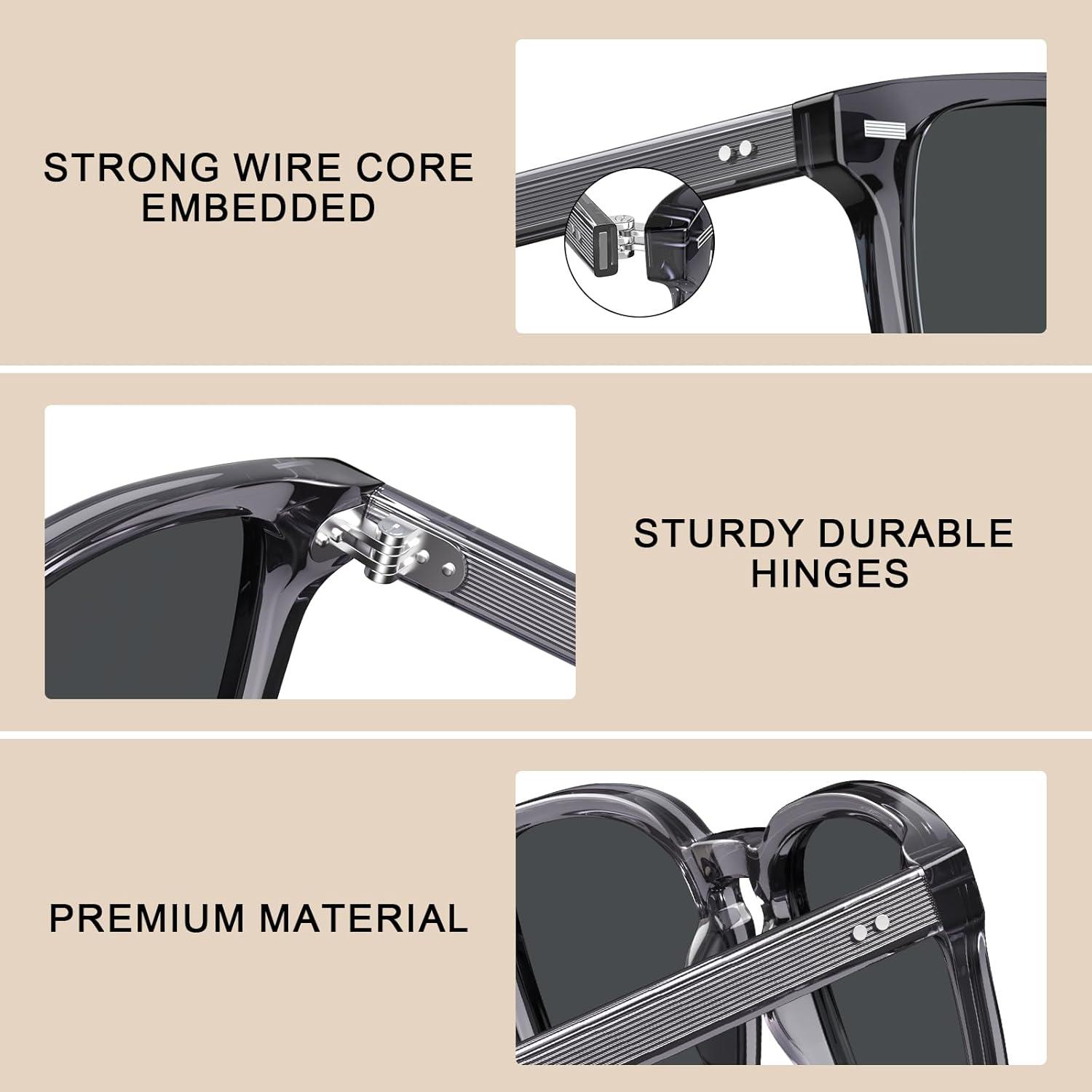 imageCARFIA Retro Mens Sunglasses Womens Polarized Classic Acetate Square UV400 Protection Driving GlassesA3transparent Grey Frame Grey Lens