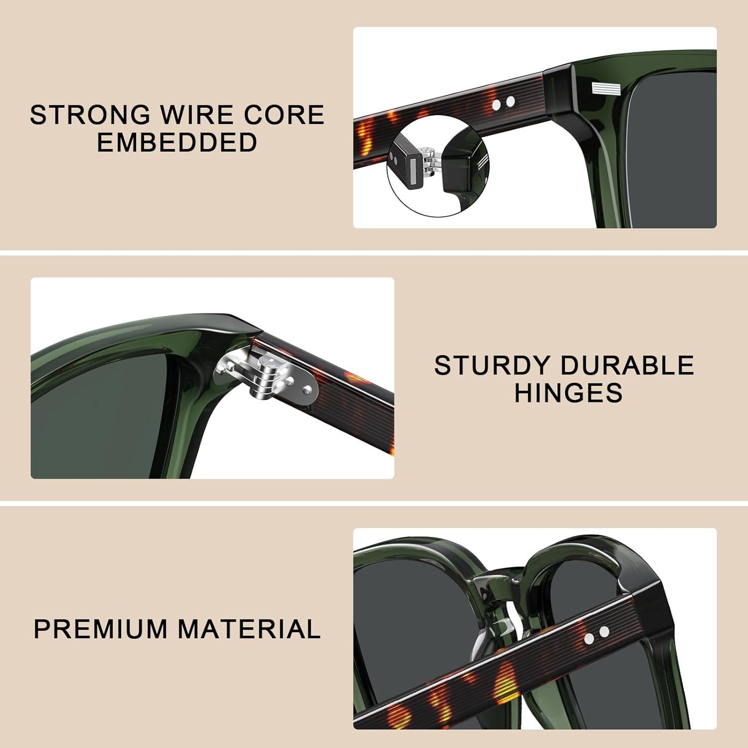 imageCARFIA Retro Mens Sunglasses Womens Polarized Classic Acetate Square UV400 Protection Driving GlassesA4 Green Frame Grey Lens