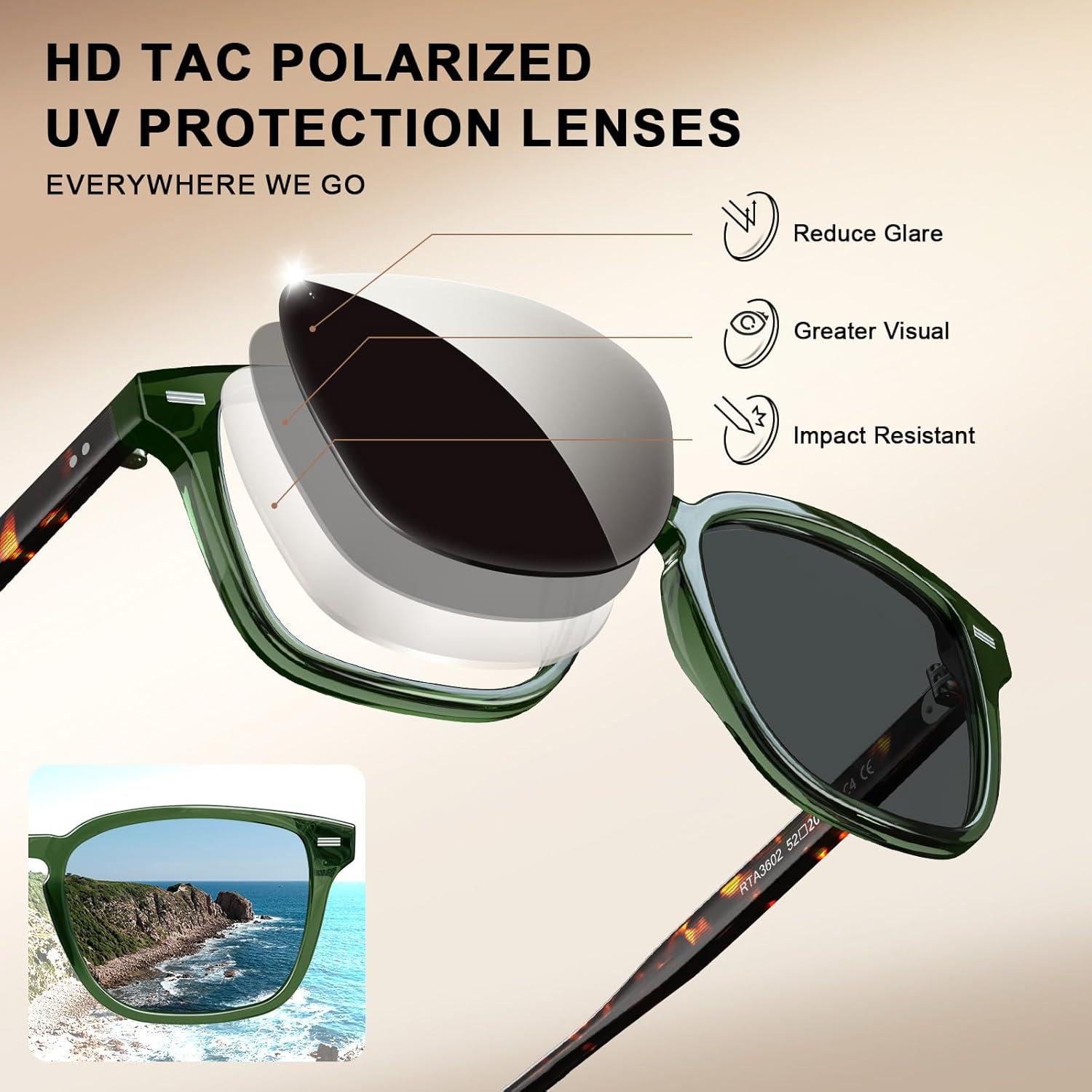 imageCARFIA Retro Mens Sunglasses Womens Polarized Classic Acetate Square UV400 Protection Driving GlassesA4 Green Frame Grey Lens