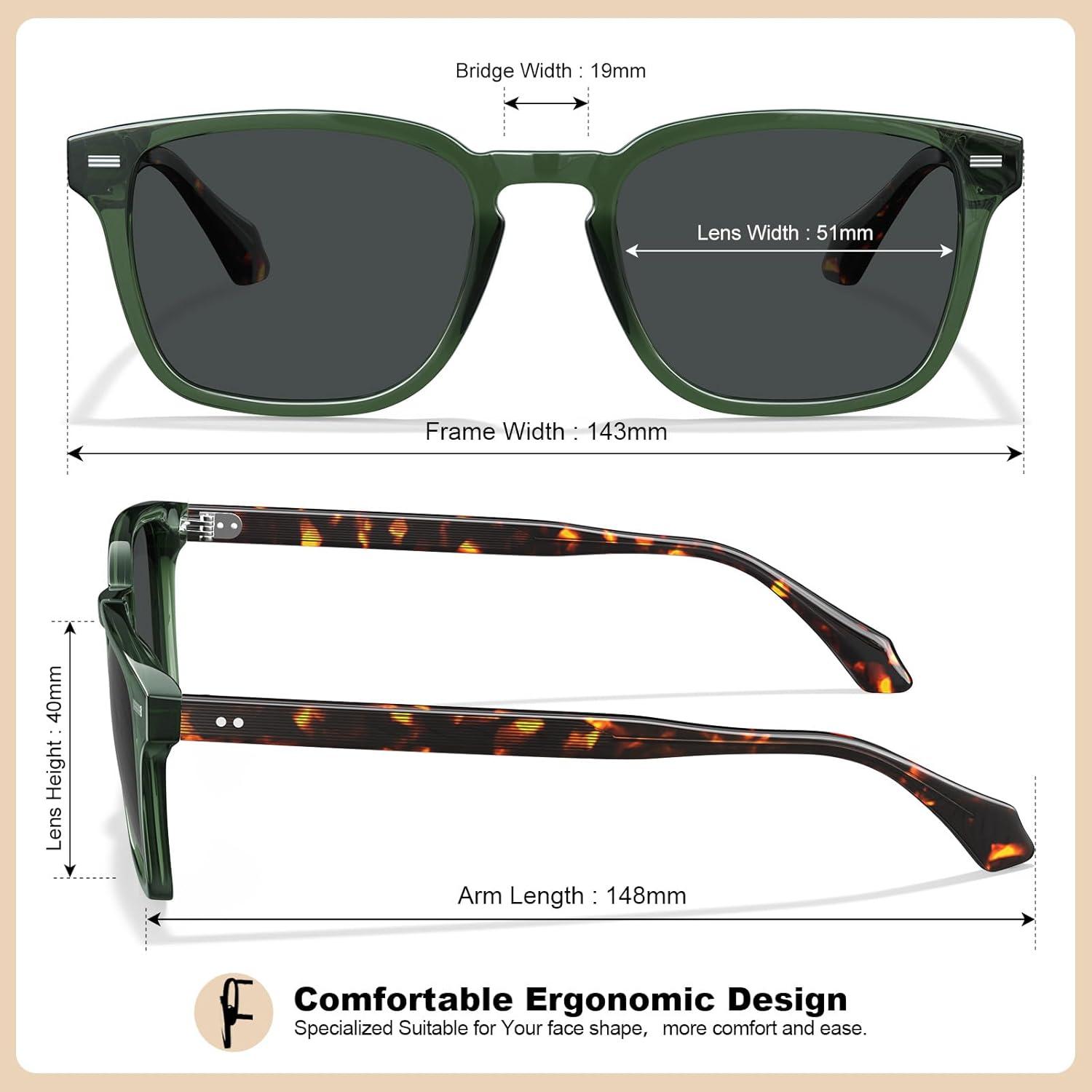 imageCARFIA Retro Mens Sunglasses Womens Polarized Classic Acetate Square UV400 Protection Driving GlassesA4 Green Frame Grey Lens