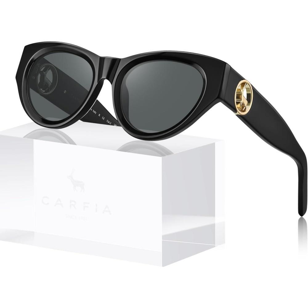 imageCARFIA Retro Acetate Polarized CatEye Sunglasses for Women UV400 Protection Designer Glasses Trendy Classic Shades CA1952Black Frame Grey Lenses