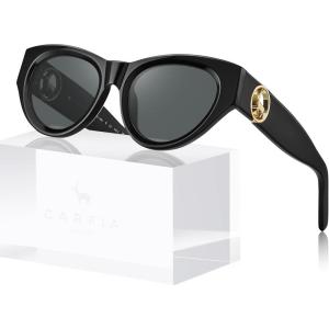CARFIA Retro Acetate Polarized Cat-Eye Sunglasses for Women UV400 Protection, Designer Glasses Trendy Classic Shades CA1952(Black Frame Grey Lenses)