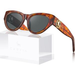 CARFIA Retro Acetate Polarized Cat-Eye Sunglasses for Women UV400 Protection, Designer Glasses Trendy Classic Shades CA1952(Tortoise Frame Grey Lenses)