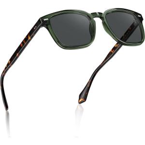 CARFIA Retro Men’s Sunglasses Womens Polarized Classic Acetate Square UV400 Protection Driving Glasses(A4. Green Frame Grey Lens)