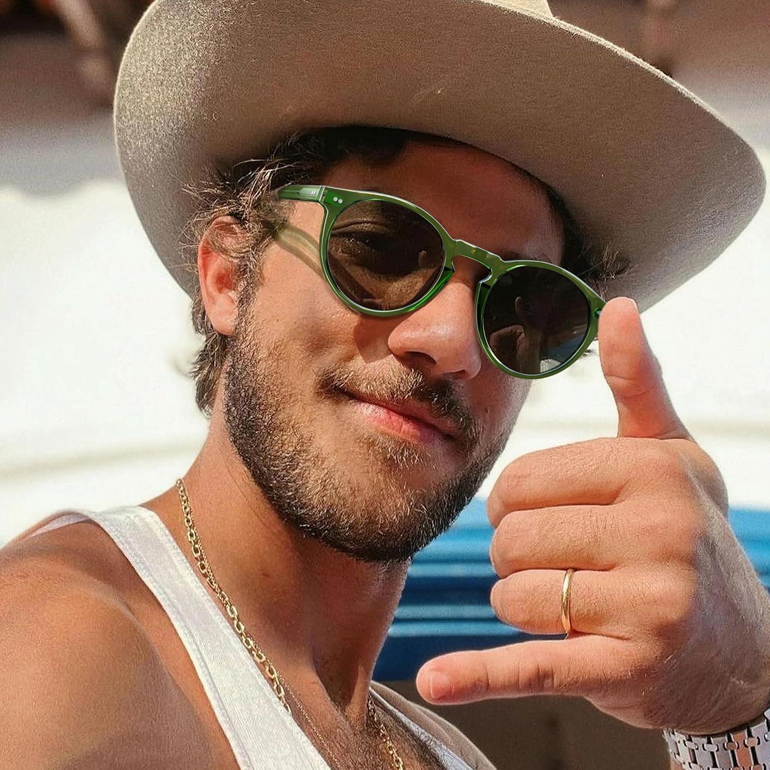 imageCARFIA Acetate Vintage Round Polarized Sunglasses for Men UV400 Lenses Handcrafted Frame1 Transparent Green Frame Gray Lenses