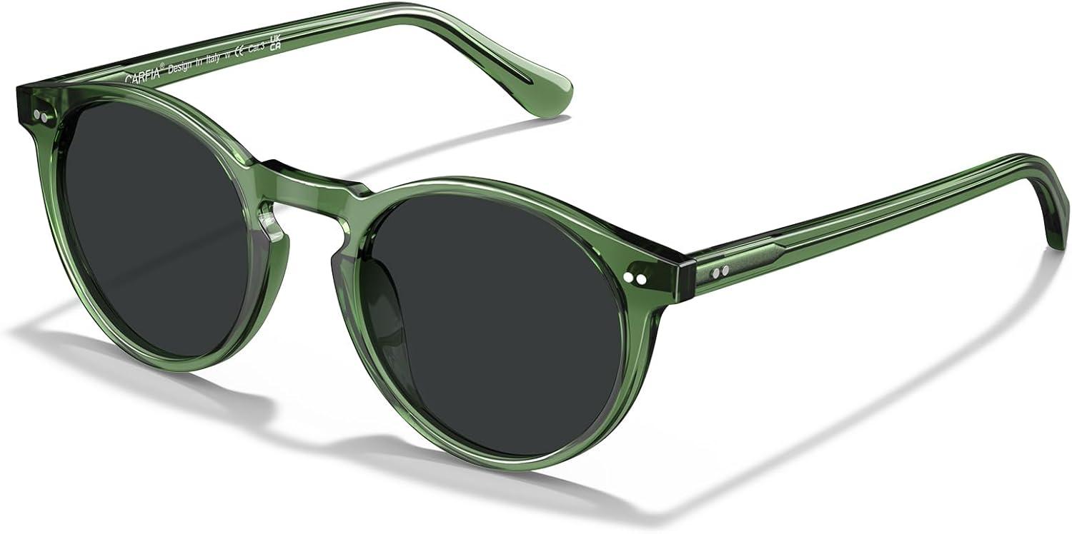 imageCARFIA Acetate Vintage Round Polarized Sunglasses for Men UV400 Lenses Handcrafted Frame1 Transparent Green Frame Gray Lenses