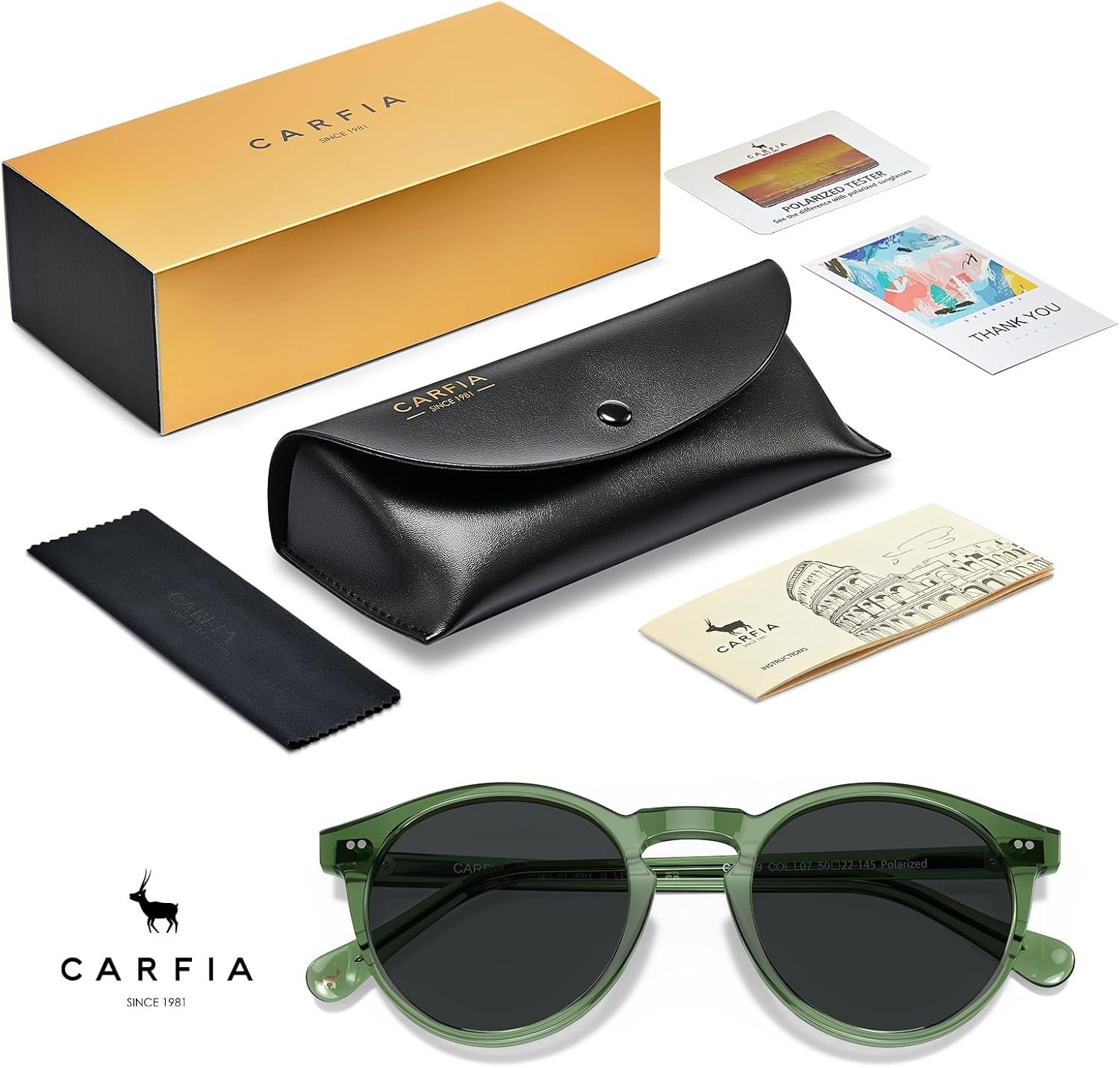 imageCARFIA Acetate Vintage Round Polarized Sunglasses for Men UV400 Lenses Handcrafted Frame1 Transparent Green Frame Gray Lenses