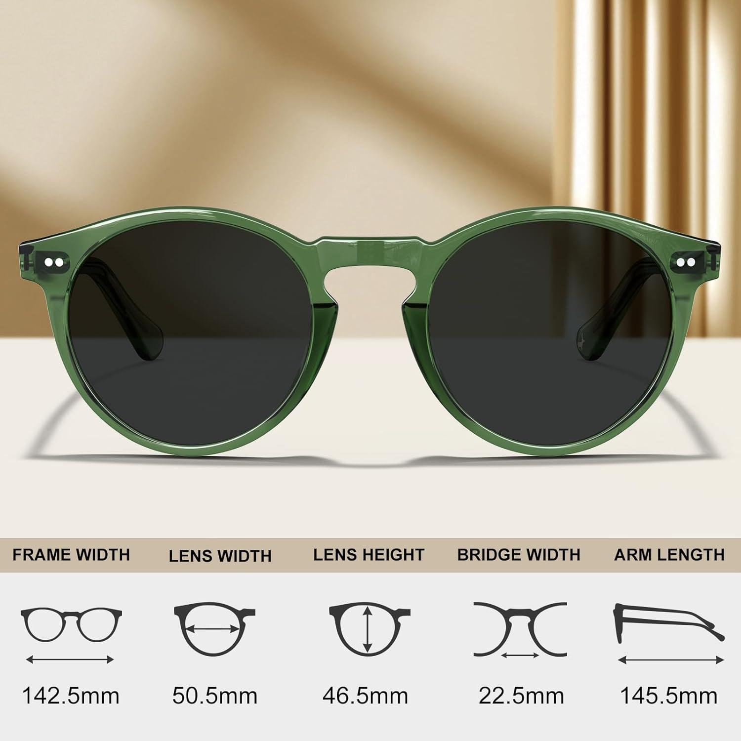 imageCARFIA Acetate Vintage Round Polarized Sunglasses for Men UV400 Lenses Handcrafted Frame1 Transparent Green Frame Gray Lenses