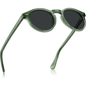 CARFIA Acetate Vintage Round Polarized Sunglasses for Men UV400 Lenses Hand-crafted Frame(1. Transparent Green Frame Gray Lenses)