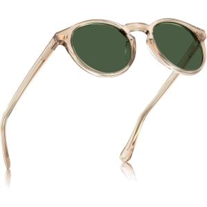 CARFIA Acetate Vintage Round Polarized Sunglasses for Men UV400 Lenses Hand-crafted Frame(2. Transparent Tea Frame Green Lens)