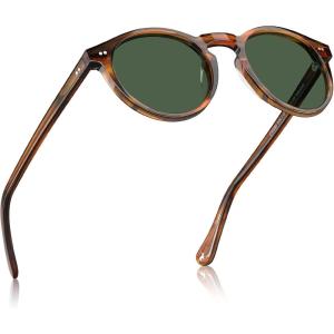 CARFIA Acetate Vintage Round Polarized Sunglasses for Men UV400 Lenses Hand-crafted Frame(3. Striped Brown Frame Green Lenses)