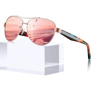 CARFIA Acetate Metal Sunglasses for Women Polarized UV Protection Trendy Fashion Style CA2305(4. Pink Mirrored Lens)