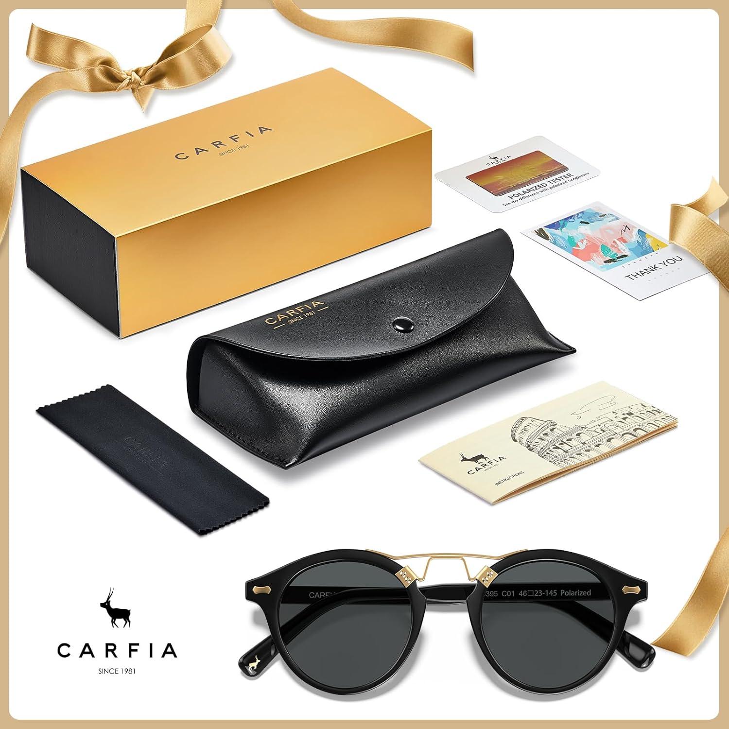 imageCARFIA Double Bridge Acetate Polarized Sunglasses for Men UV Protection Retro Cool Male Eyewears Metal Brow Round Sunnies1 Black Frame Grey Lens