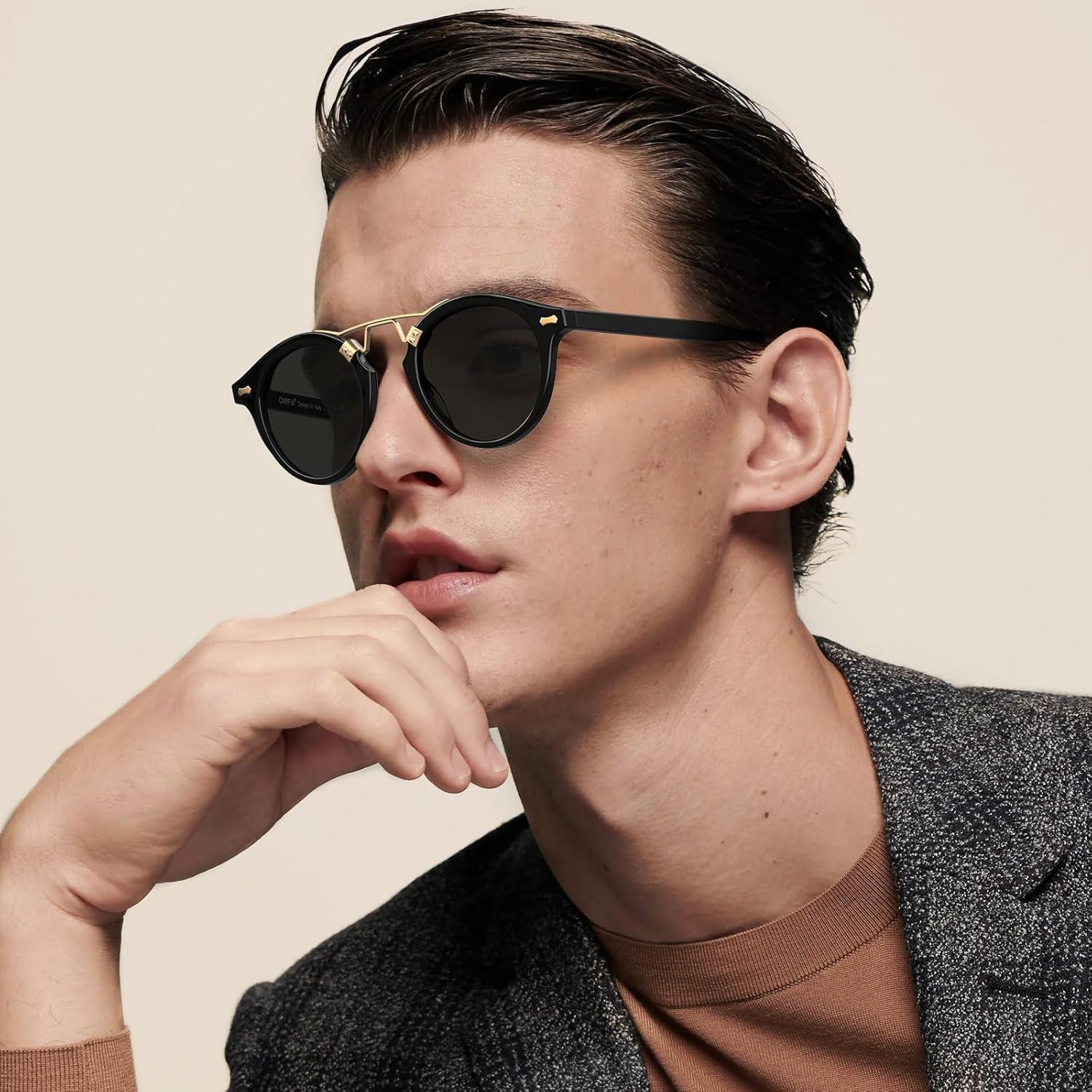 imageCARFIA Double Bridge Acetate Polarized Sunglasses for Men UV Protection Retro Cool Male Eyewears Metal Brow Round Sunnies1 Black Frame Grey Lens