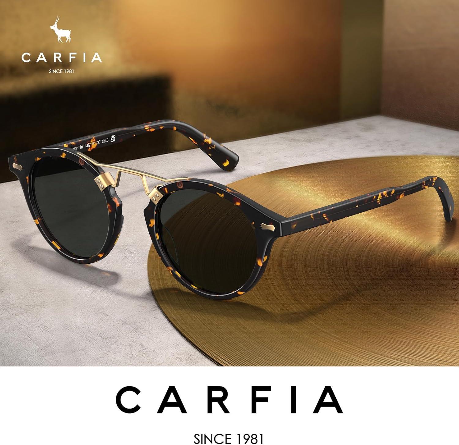 imageCARFIA Double Bridge Acetate Polarized Sunglasses for Men UV Protection Retro Cool Male Eyewears Metal Brow Round Sunnies20 Tortoise Frame Grey Lens