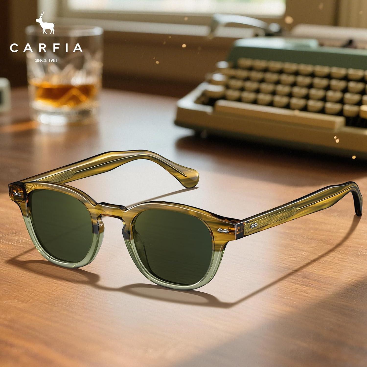 imageCARFIA Retro Cool Acetate Sunglasses for Men Polarized UV Protection Keyhole Square Sunnies Driving Shades Trendy Eyewears1olive Green Stripe Gradient Frame Green Lens