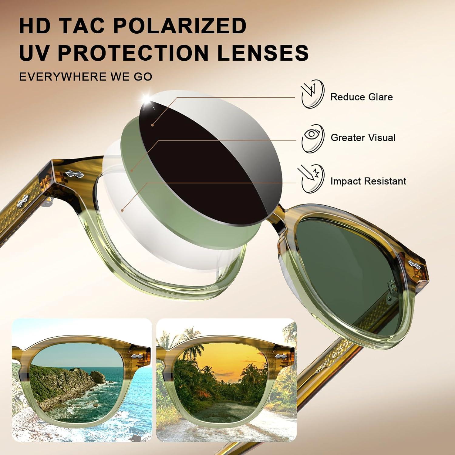 imageCARFIA Retro Cool Acetate Sunglasses for Men Polarized UV Protection Keyhole Square Sunnies Driving Shades Trendy Eyewears1olive Green Stripe Gradient Frame Green Lens