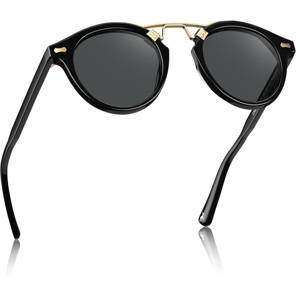 imageCARFIA Double Bridge Acetate Polarized Sunglasses for Men UV Protection Retro Cool Male Eyewears Metal Brow Round Sunnies1 Black Frame Grey Lens