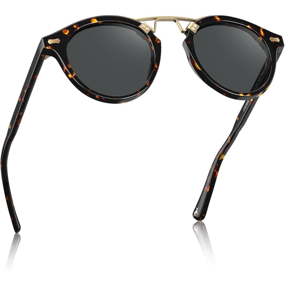 imageCARFIA Double Bridge Acetate Polarized Sunglasses for Men UV Protection Retro Cool Male Eyewears Metal Brow Round Sunnies20 Tortoise Frame Grey Lens