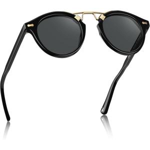 CARFIA Double Bridge Acetate Polarized Sunglasses for Men UV Protection, Retro Cool Male Eyewears Metal Brow Round Sunnies(1. Black Frame Grey Lens)