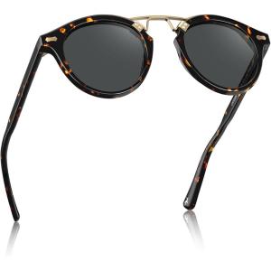 CARFIA Double Bridge Acetate Polarized Sunglasses for Men UV Protection, Retro Cool Male Eyewears Metal Brow Round Sunnies(2-0. Tortoise Frame Grey Lens)
