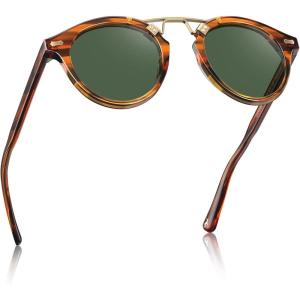 CARFIA Double Bridge Acetate Polarized Sunglasses for Men UV Protection, Retro Cool Male Eyewears Metal Brow Round Sunnies(2-1. Brown Striped Frame Green Lens)