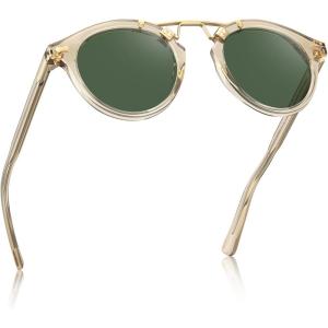 CARFIA Double Bridge Acetate Polarized Sunglasses for Men UV Protection, Retro Cool Male Eyewears Metal Brow Round Sunnies(2-1. Clear Yellow Frame Green Lens)