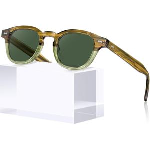 CARFIA Retro Cool Acetate Sunglasses for Men Polarized UV Protection, Keyhole Square Sunnies Driving Shades Trendy Eyewears(1.olive Green Stripe Gradient Frame Green Lens)