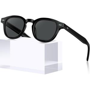CARFIA Retro Cool Acetate Sunglasses for Men Polarized UV Protection, Keyhole Square Sunnies Driving Shades Trendy Eyewears(3. Black Frame Grey Lens)