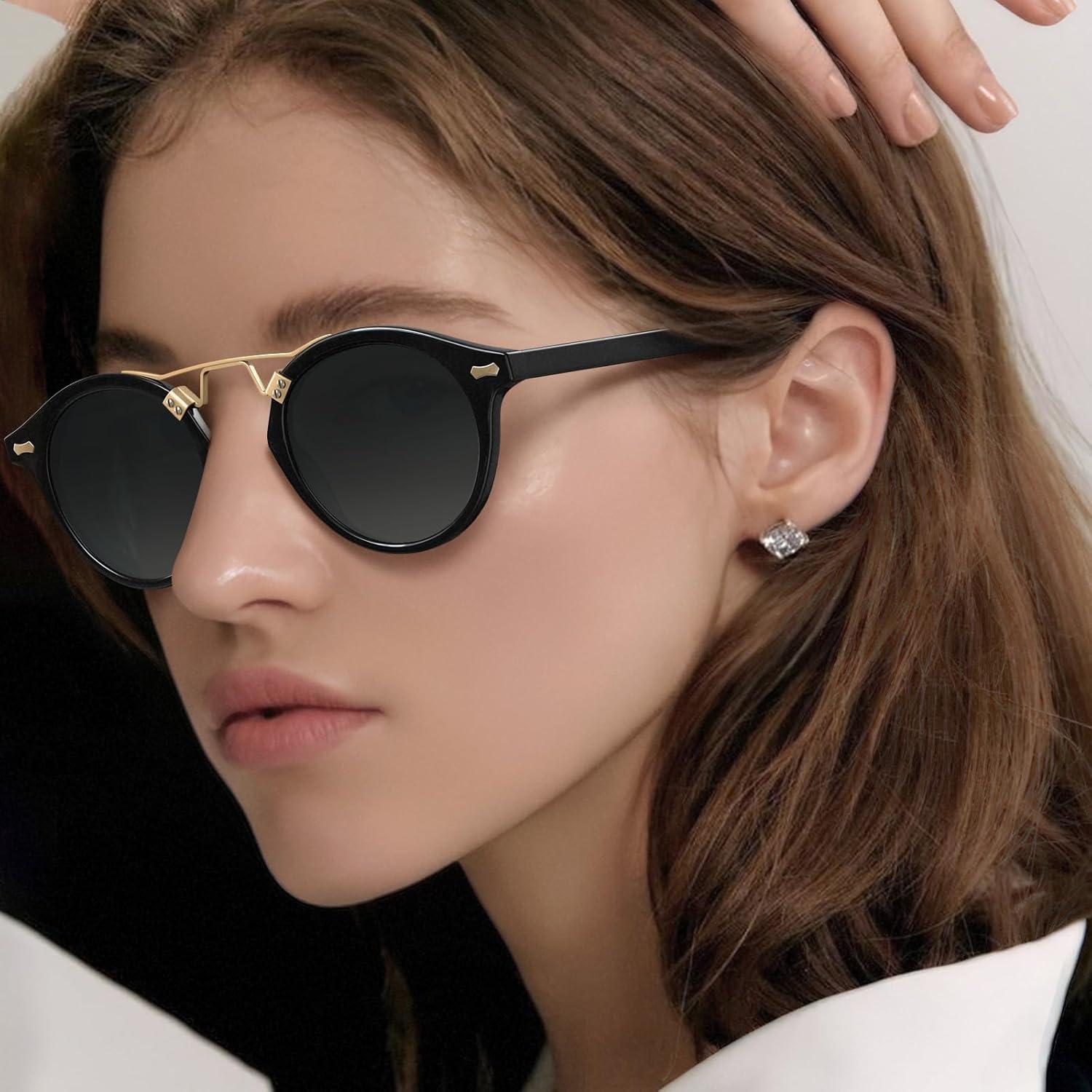 imageCARFIA Small Face Acetate Polarized Sunglasses for Women UV Protection Retro Double Bridge Eyewears Metal Brow Round Sunnies1 Black Frame Gradient Grey Lens