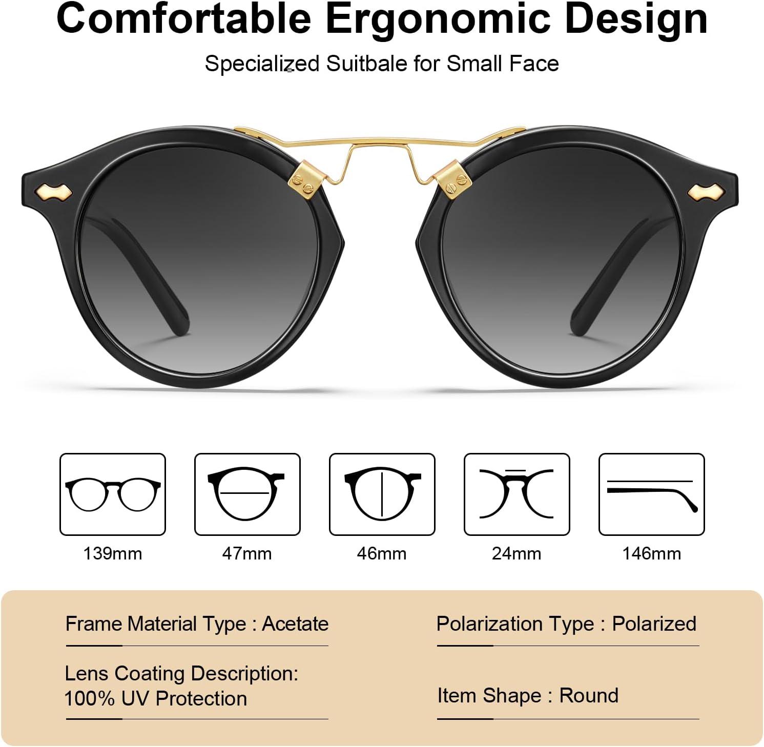 imageCARFIA Small Face Acetate Polarized Sunglasses for Women UV Protection Retro Double Bridge Eyewears Metal Brow Round Sunnies1 Black Frame Gradient Grey Lens