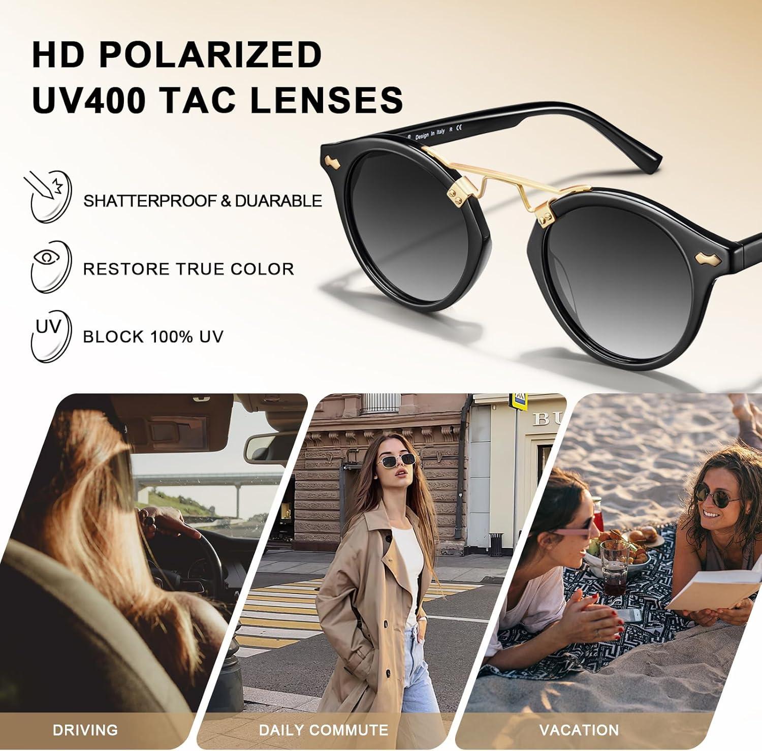 imageCARFIA Small Face Acetate Polarized Sunglasses for Women UV Protection Retro Double Bridge Eyewears Metal Brow Round Sunnies1 Black Frame Gradient Grey Lens