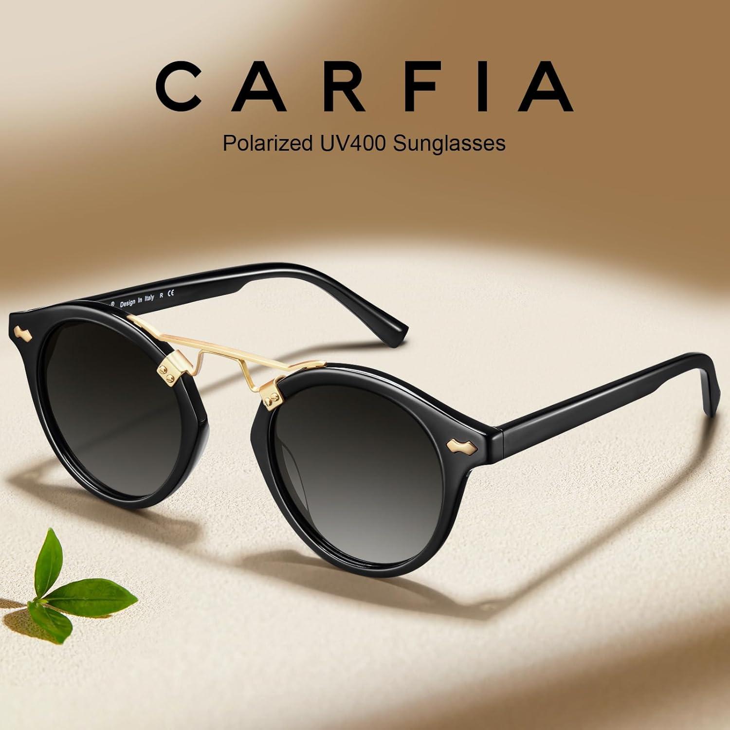 imageCARFIA Small Face Acetate Polarized Sunglasses for Women UV Protection Retro Double Bridge Eyewears Metal Brow Round Sunnies1 Black Frame Gradient Grey Lens