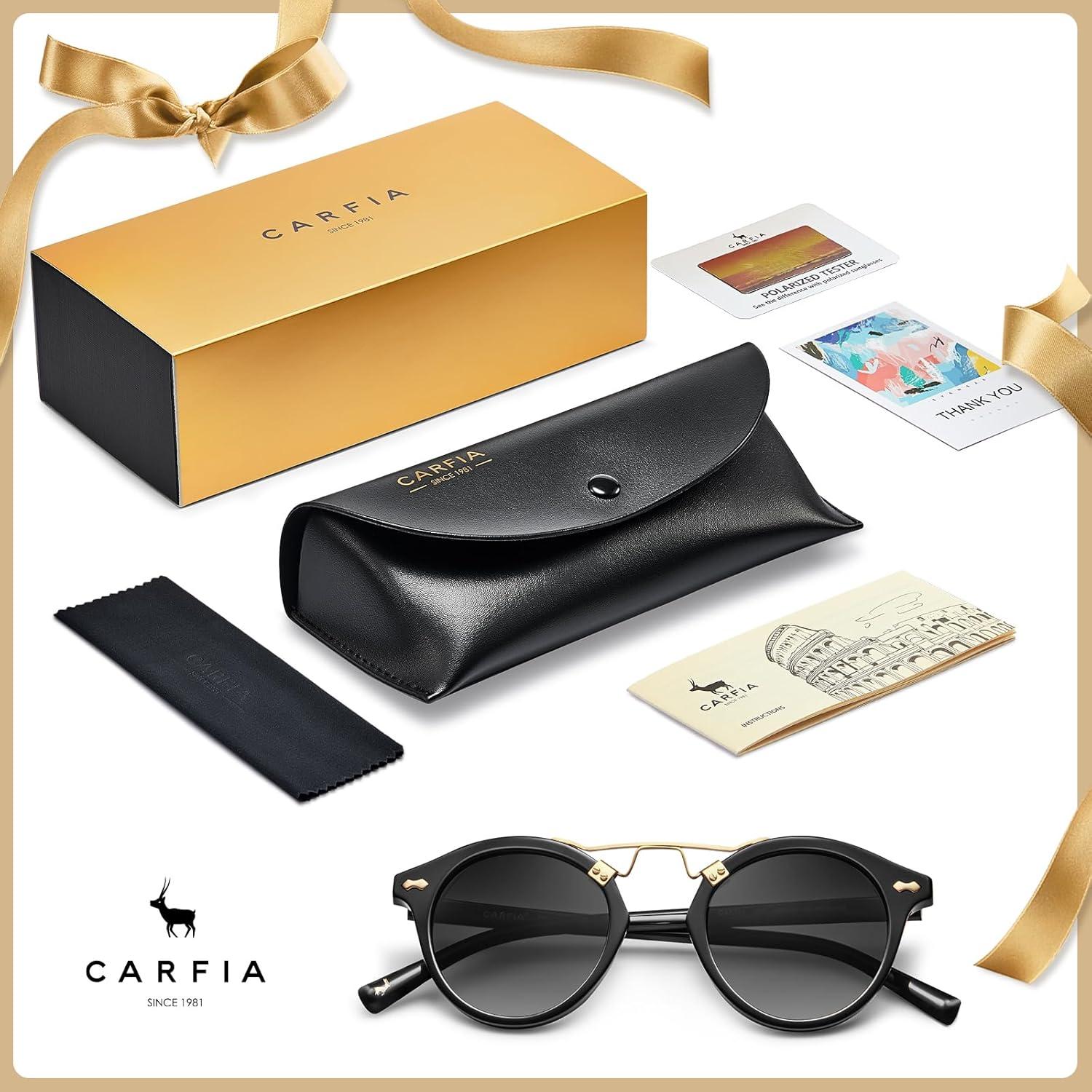 imageCARFIA Small Face Acetate Polarized Sunglasses for Women UV Protection Retro Double Bridge Eyewears Metal Brow Round Sunnies1 Black Frame Gradient Grey Lens