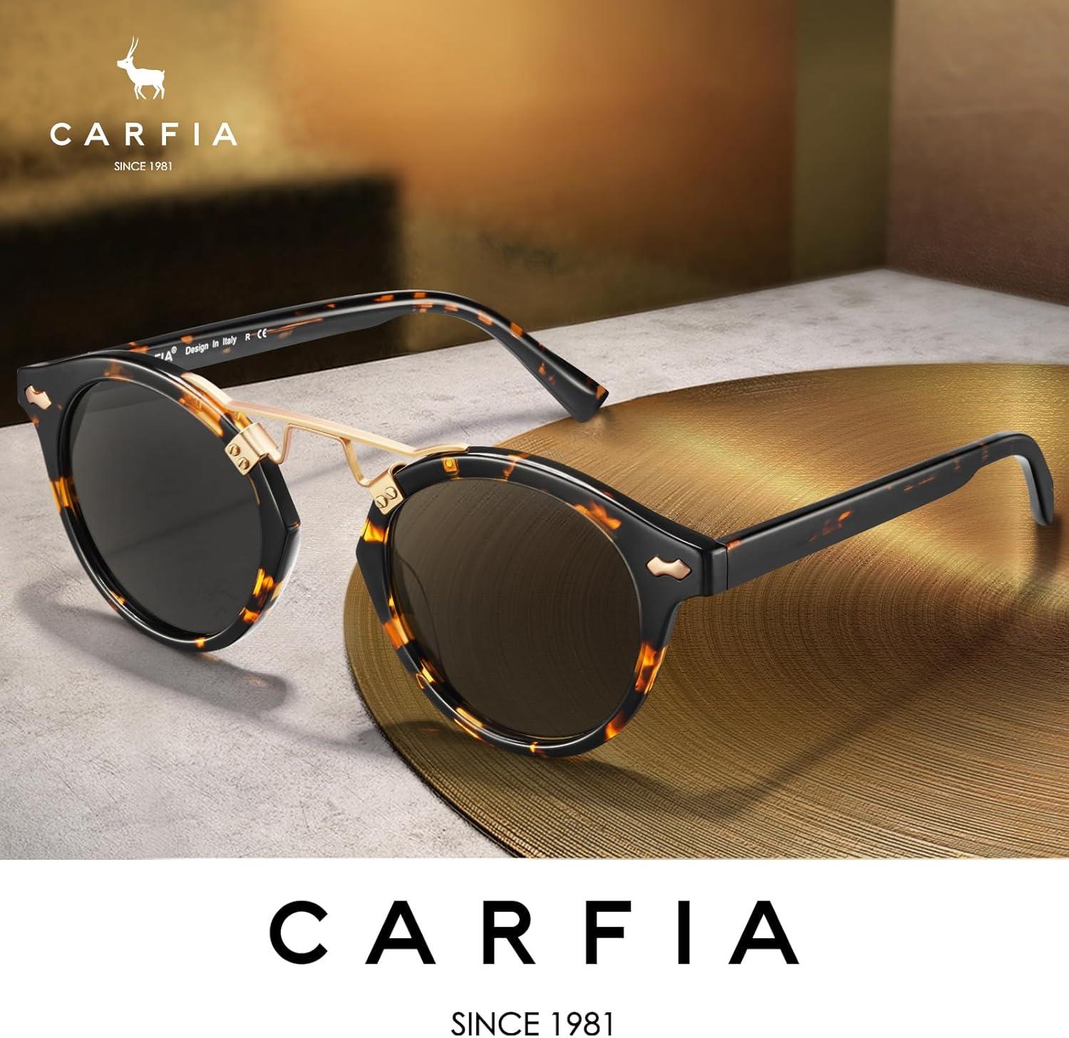 imageCARFIA Small Face Acetate Polarized Sunglasses for Women UV Protection Retro Double Bridge Eyewears Metal Brow Round Sunnies3 Tortoise Frame Grey Lens