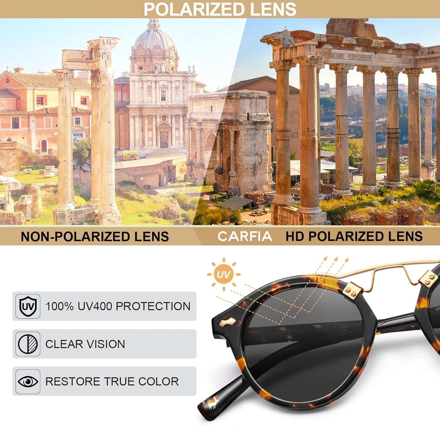 imageCARFIA Small Face Acetate Polarized Sunglasses for Women UV Protection Retro Double Bridge Eyewears Metal Brow Round Sunnies3 Tortoise Frame Grey Lens