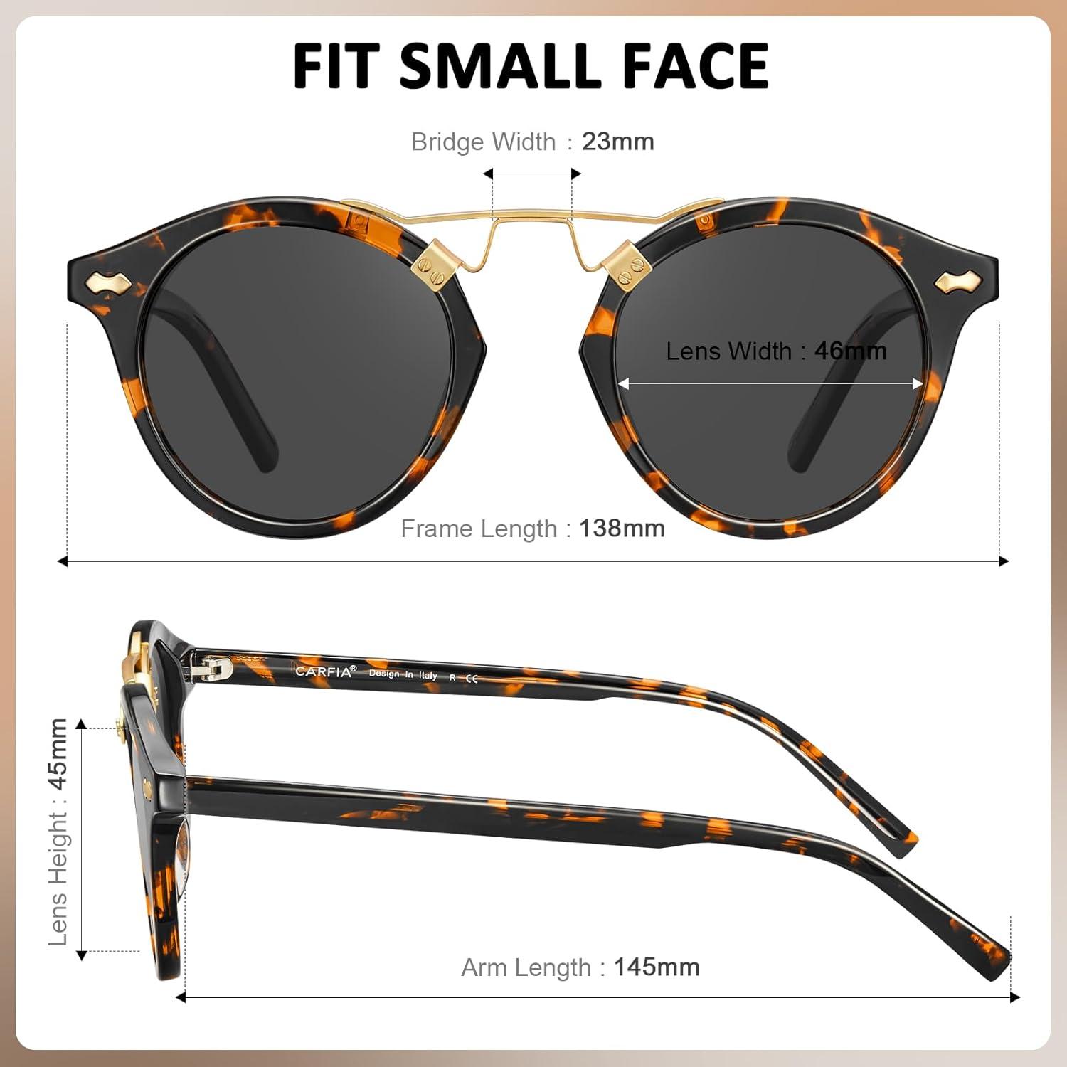 imageCARFIA Small Face Acetate Polarized Sunglasses for Women UV Protection Retro Double Bridge Eyewears Metal Brow Round Sunnies3 Tortoise Frame Grey Lens