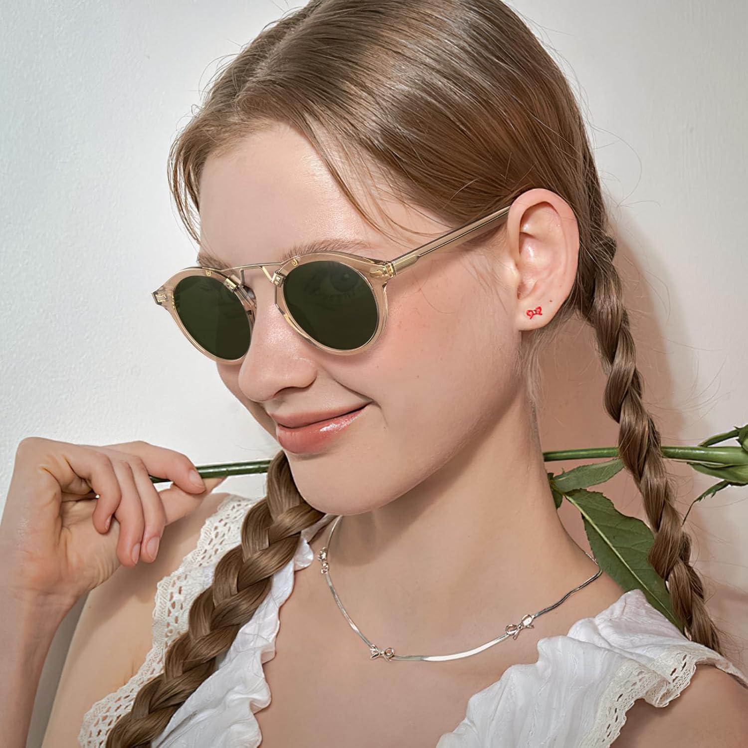 imageCARFIA Small Face Acetate Polarized Sunglasses for Women UV Protection Retro Double Bridge Eyewears Metal Brow Round Sunnies50 Clear Yellow Frame Green Lens