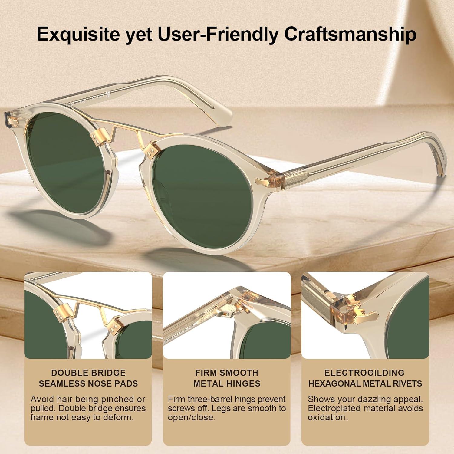 imageCARFIA Small Face Acetate Polarized Sunglasses for Women UV Protection Retro Double Bridge Eyewears Metal Brow Round Sunnies50 Clear Yellow Frame Green Lens